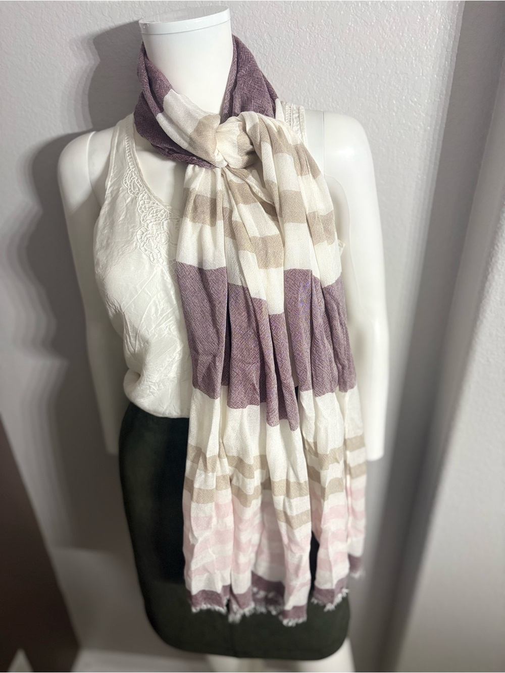 Striped Lightweight Scarf in Lavender, Cream & Taupe